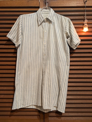 30-40s France Grandpa Shirt Beige Blue Stripe Shellbutton Shortsleeves