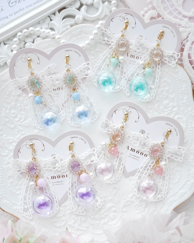 【期間限定】8616 フェミニンレースカラーガラスドームピアス/イヤリング