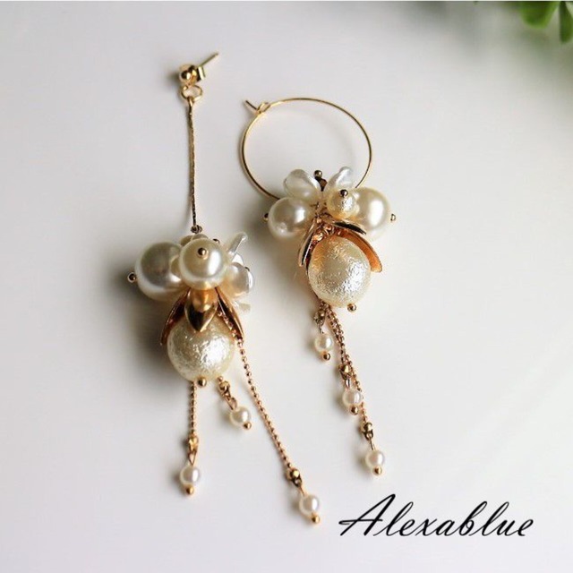 たっぷりパール アシンメトリーピアス　pearl asymmetric earrings