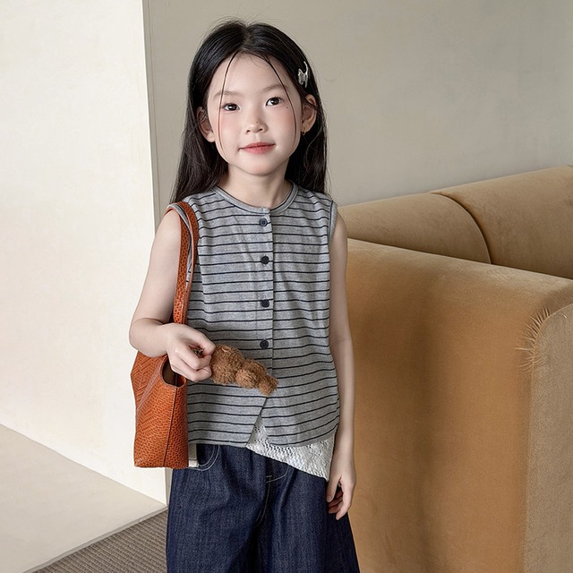 【KID】ワッフル地ストライプノースリーブTシャツ - 4