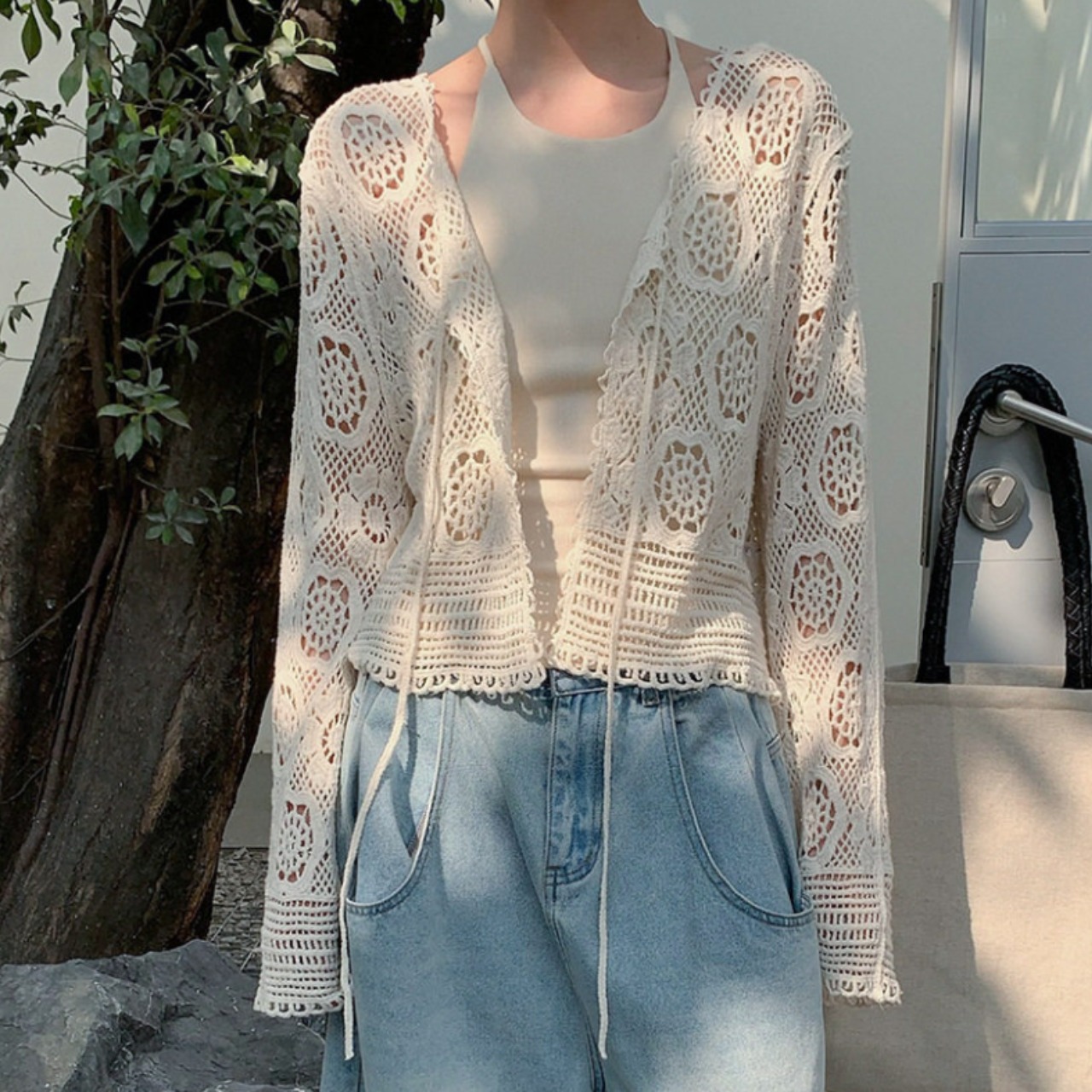 Crochet Drawstring Knit Cardigan F0637