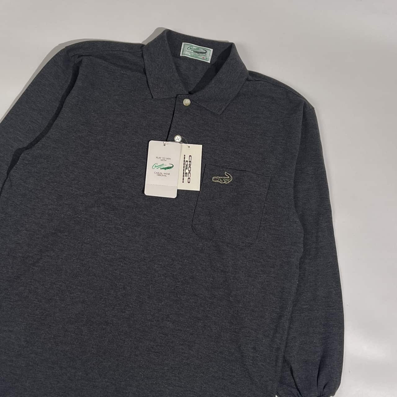 新品 タグ付き Crocodile クロコダイル ワンポイント刺繍 鹿子 長袖 ポロシャツ M/ダークグレー系 メンズ