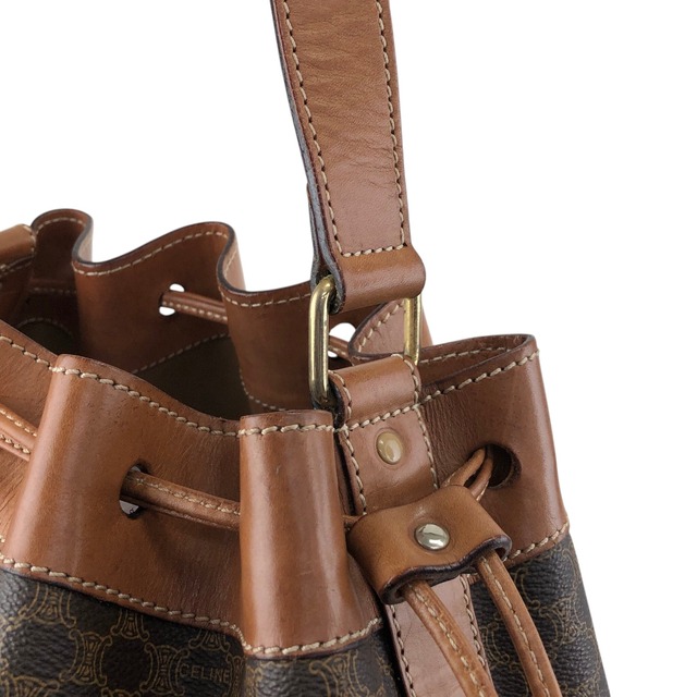CELINE セリーヌ マカダム ショルダーバッグ ブラウン ブラゾン型押し PVC 巾着 vintage ヴィンテージ オールド tc6d7e