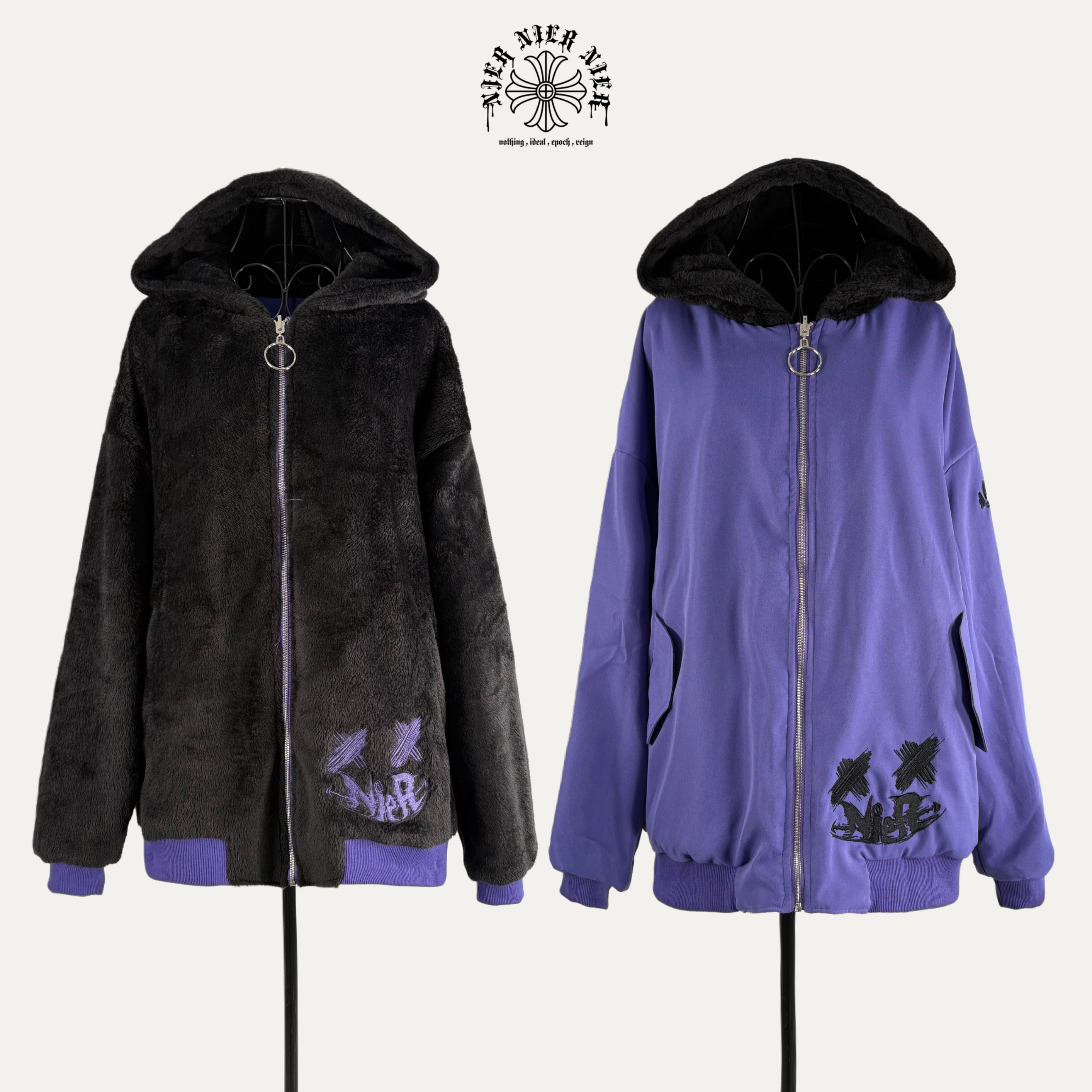 先着39点限定半額SALE》REVERSIBLE FUR ZIP OUTER【PURPLE × BLACK