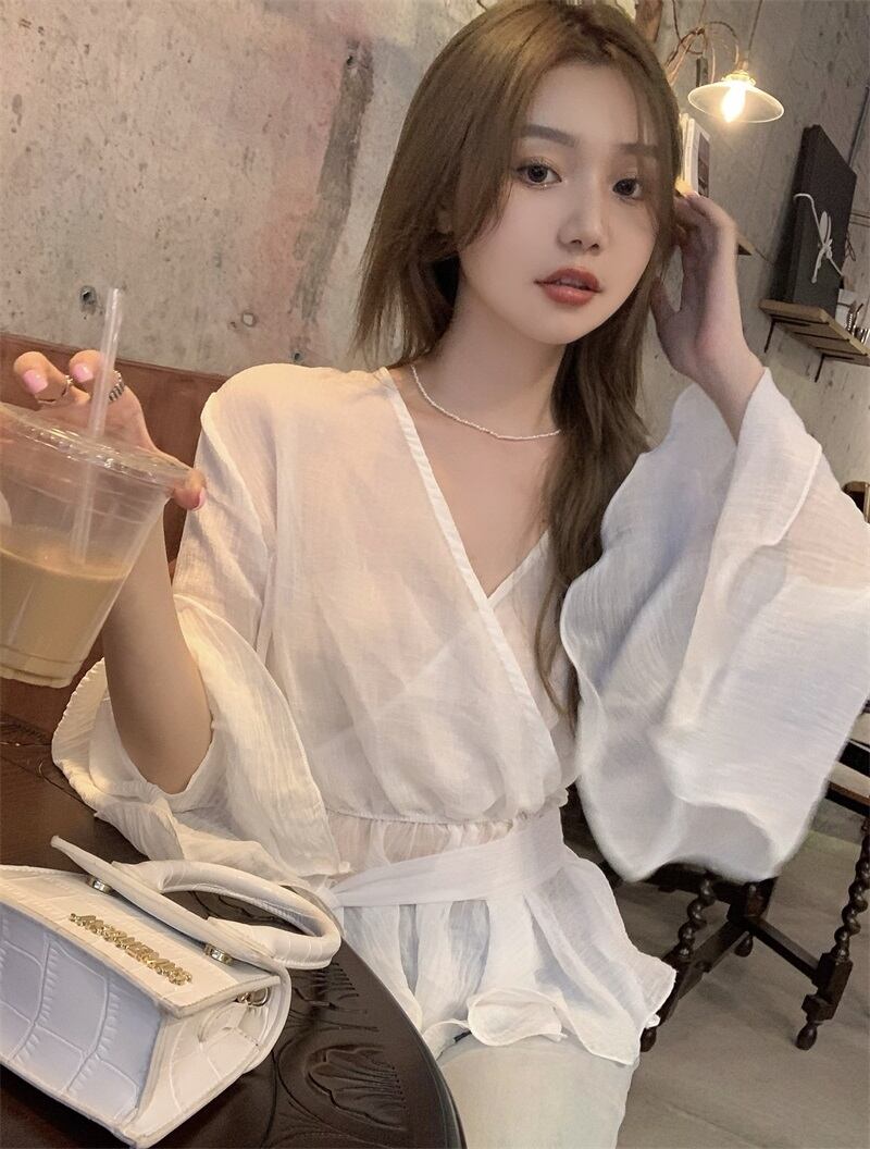 シフォンシャツ サマーホワイトトップス ロング レース 夏物 レースアップ ブラックストロベリース7121004895