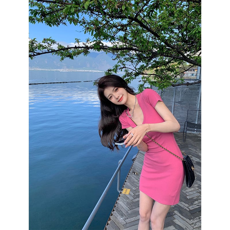 【新作】【送料無料】 インスーパーホットガール純粋な欲望スタイル新しいピンクのドレス女性痩身夏ハイウエストヒップスカート 0235288646454