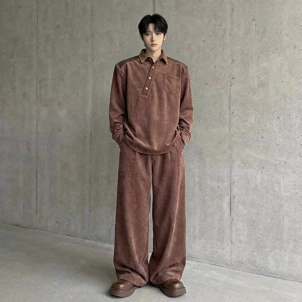レトロベルベット調 ハーフボタンシャツ&ワイドパンツセットアップ 2カラー D12015