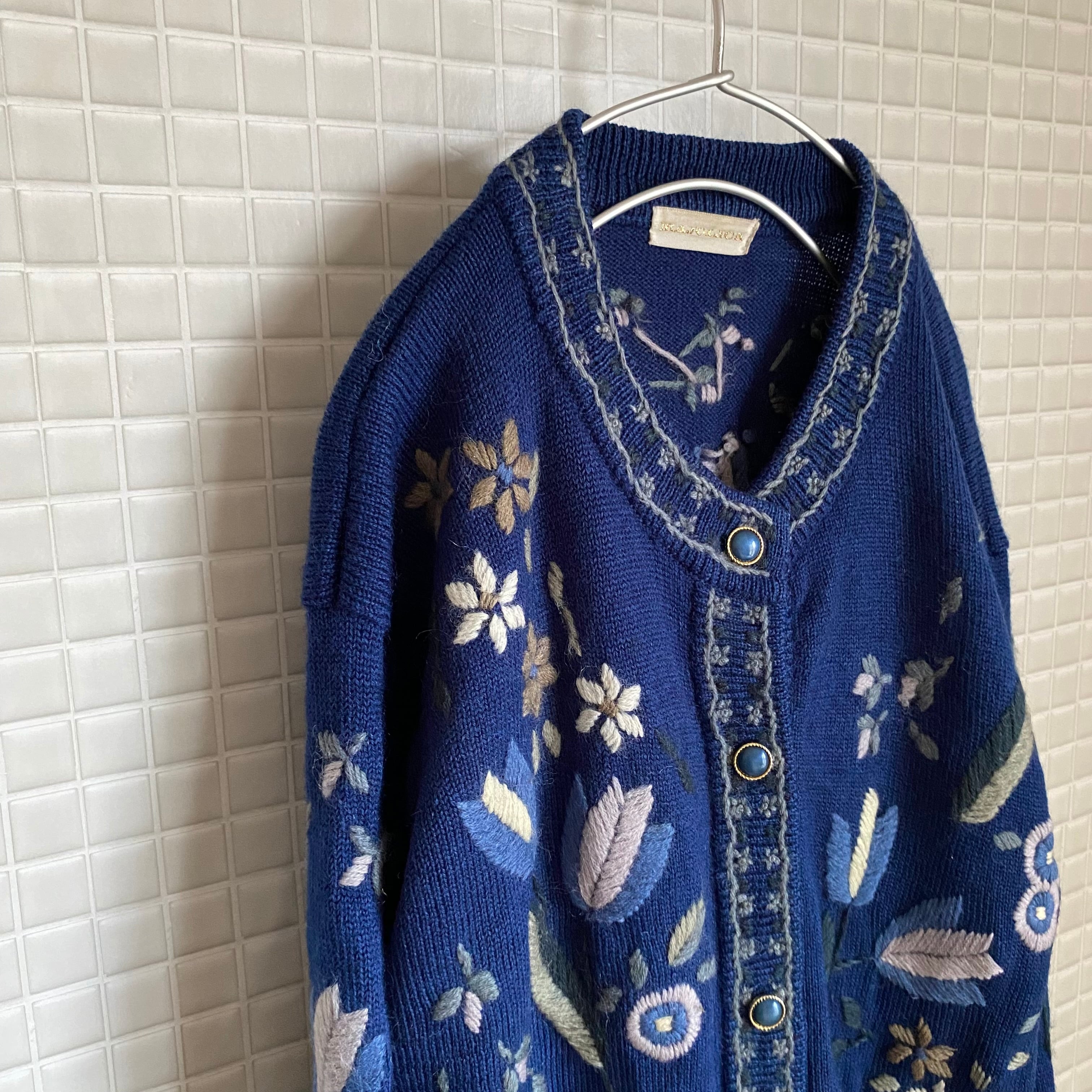 Vintage 80s retro botanical embroidery knit cardigan レトロ