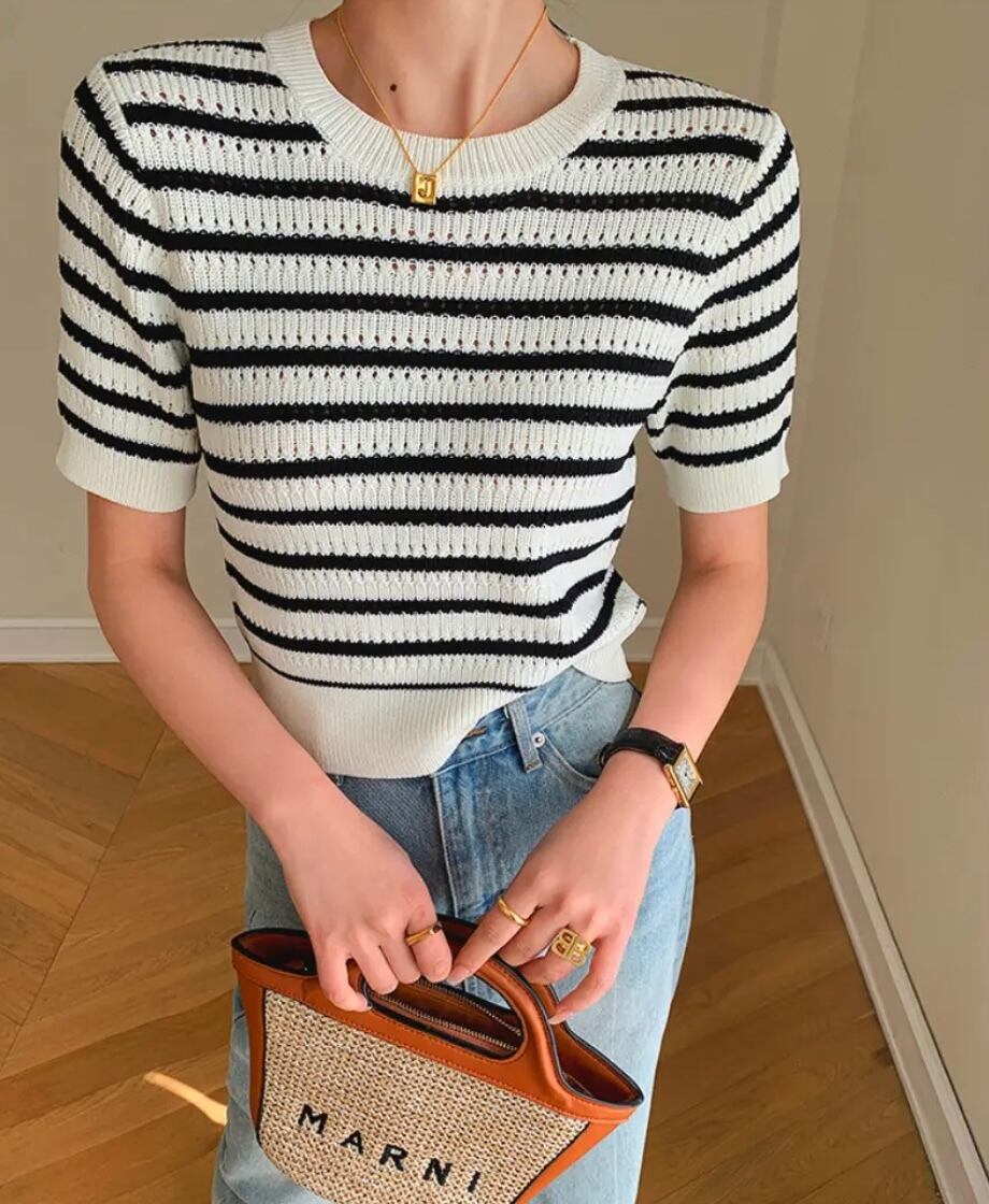 【3サイズ】ボーダーメッシュショート丈トップス