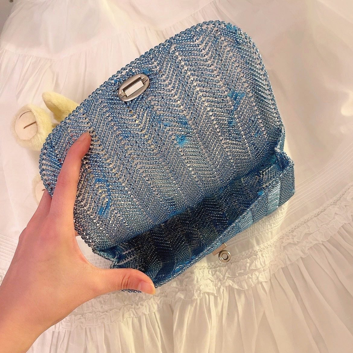 blue mesh mini clutch bag