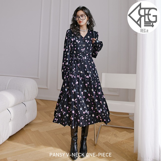 【REGIT】【即納】PANSY V-NECK ONE-PIECE 韓国ファッション 花柄ワンピース 大人かわいい　ロング丈ワンピース 20代30代 Vネックワンピース シフォンワンピース