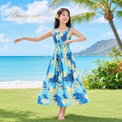 フラダンス 衣装 Aloha Hut ワンピース ドレス ブルー系 ハイビスカス柄 かわいい 華やか 鮮やか 明るい 爽やか 軽やか 青 水色 黄 白 ハワイアン アロハ ハワイアンプリント フラ ダンス レッスン 練習 イエロー系 ホワイト系 フラドレス