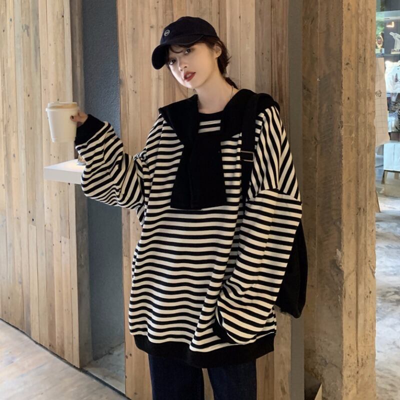 セーター オータムルーズストライプラウンドネックジャケット コート 秋物 Oネック 萌量不足46446930387