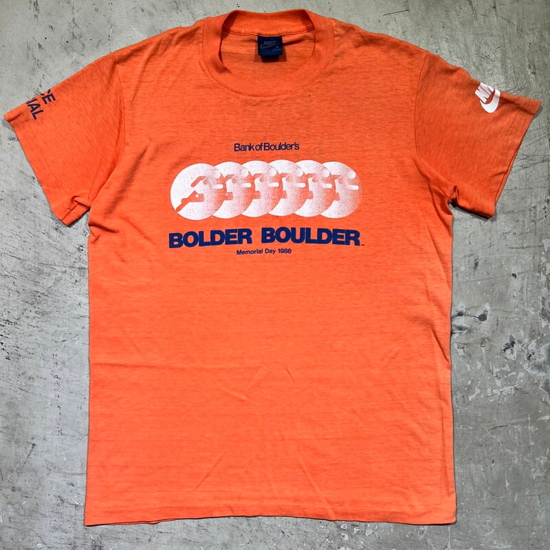 80's NIKE ナイキ BOLDER BOULDER 10Kロードレースマラソン オフィシャルTee 1986年 紺タグ 協賛 コットンポリ  オレンジ Mサイズ USA製 希少 ヴィンテージ BA-2226 RM2645H | agito vintage powered by BASE