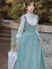 【0153】Stand Collar Button Flower Long Sleeve Dress