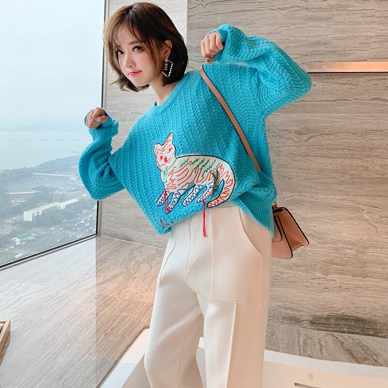 ジャカード刺繍ラウンドネックセーター ウィンター 冬物 Oネック MIUCO5316292194