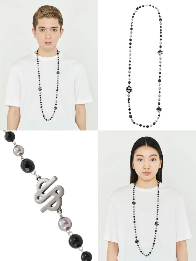 【SSAUCE】Triple Charm Long Pearl Necklace [BLACK×SILVER]