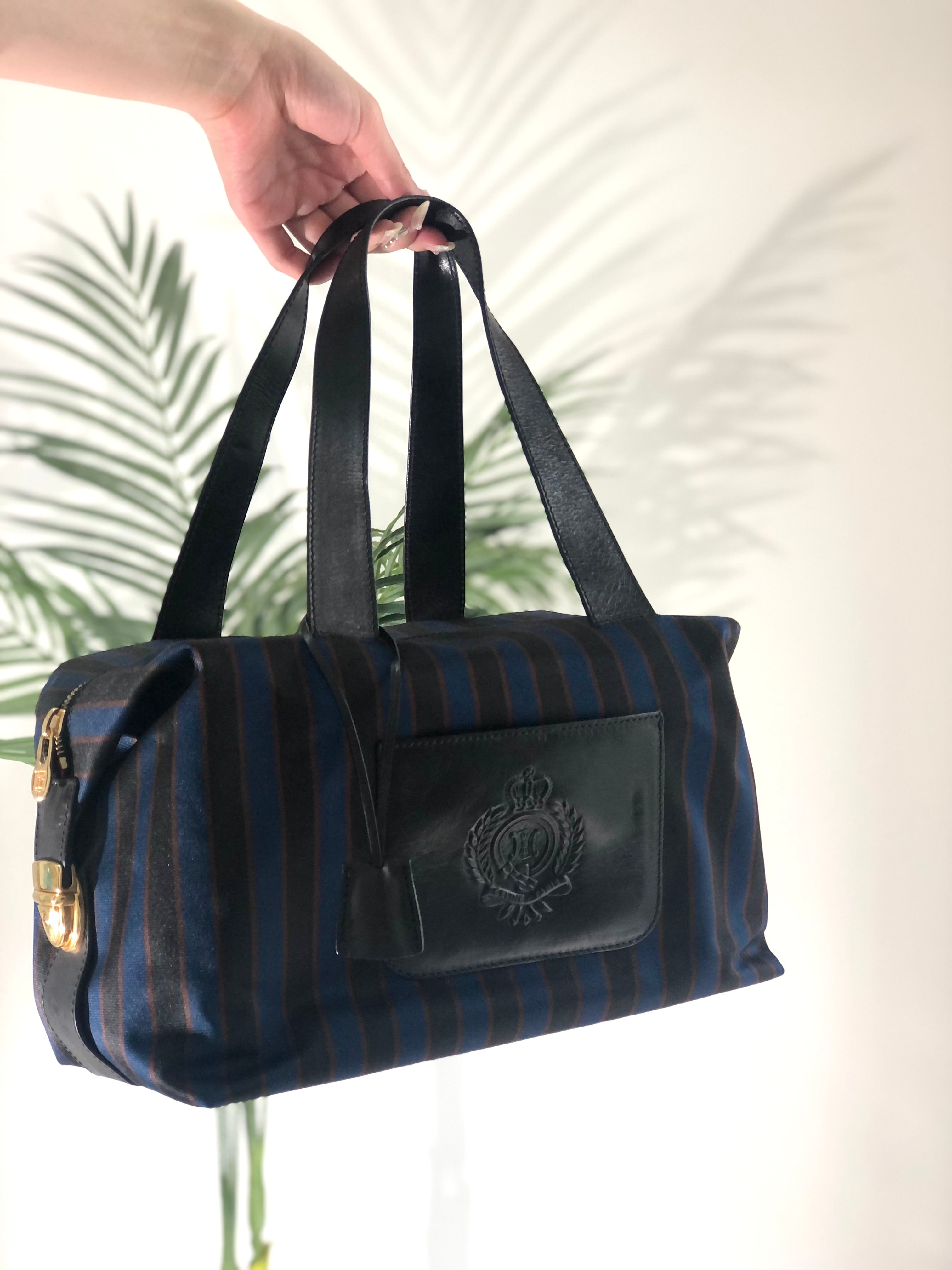 CELINE セリーヌ ストライプ ブラゾン エンブレム キャンバス ボストン
