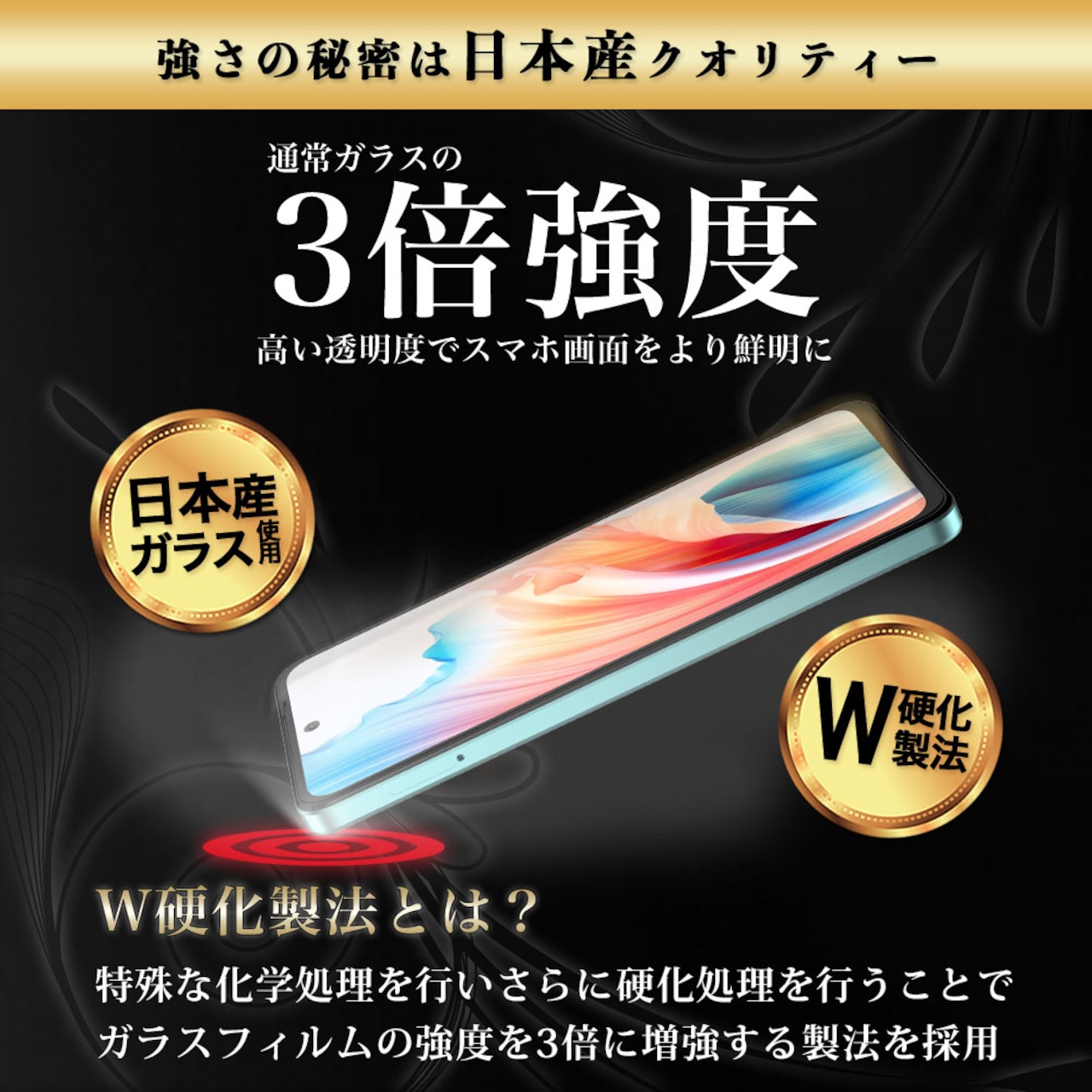 Hy+ OPPO A79 5G フィルム A303OP ガラスフィルム W硬化製法 一般ガラスの3倍強度 全面保護 全面吸着 日本産ガラス使用 厚み0.33mm ブラック