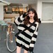 ✞ ラウンドネックストライプオーバーサイズプルオーバー♥カワイイ♥ニットブラウス トップス きれいめ☆ ロング ✞ゴスロリ SM ミリ 甘ロリ クラロリ 和ロリ エレガント 黒ロリ 姫ロリ 華ロリ BB-BB9467856
