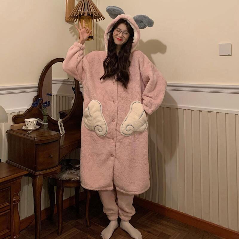 フードレディースウィンターベルベットルーズナイトガウン 大人ガーリー スウィート キュート カジュアル 冬物 萌量不足73942951593