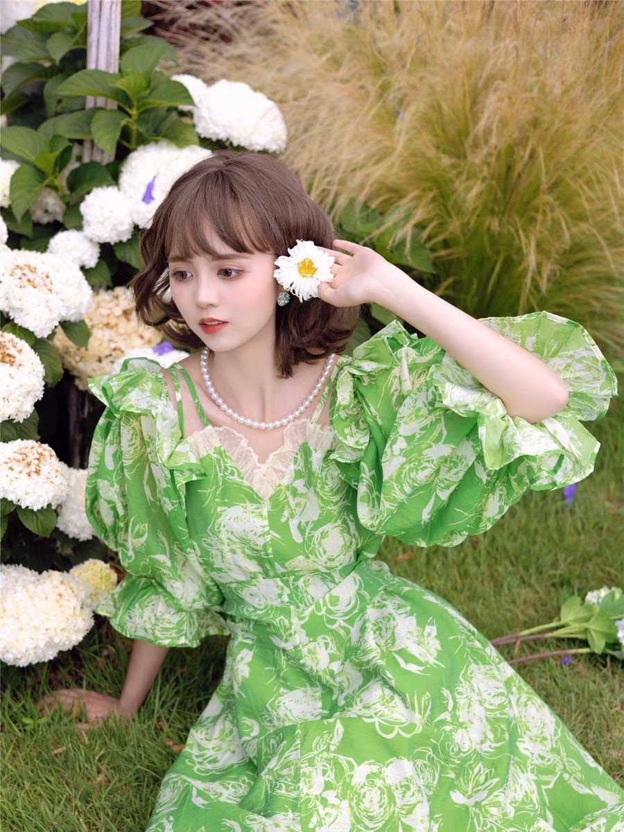 ワンピース パーティー 緑 花柄 フラワー ワンピース ガーリー