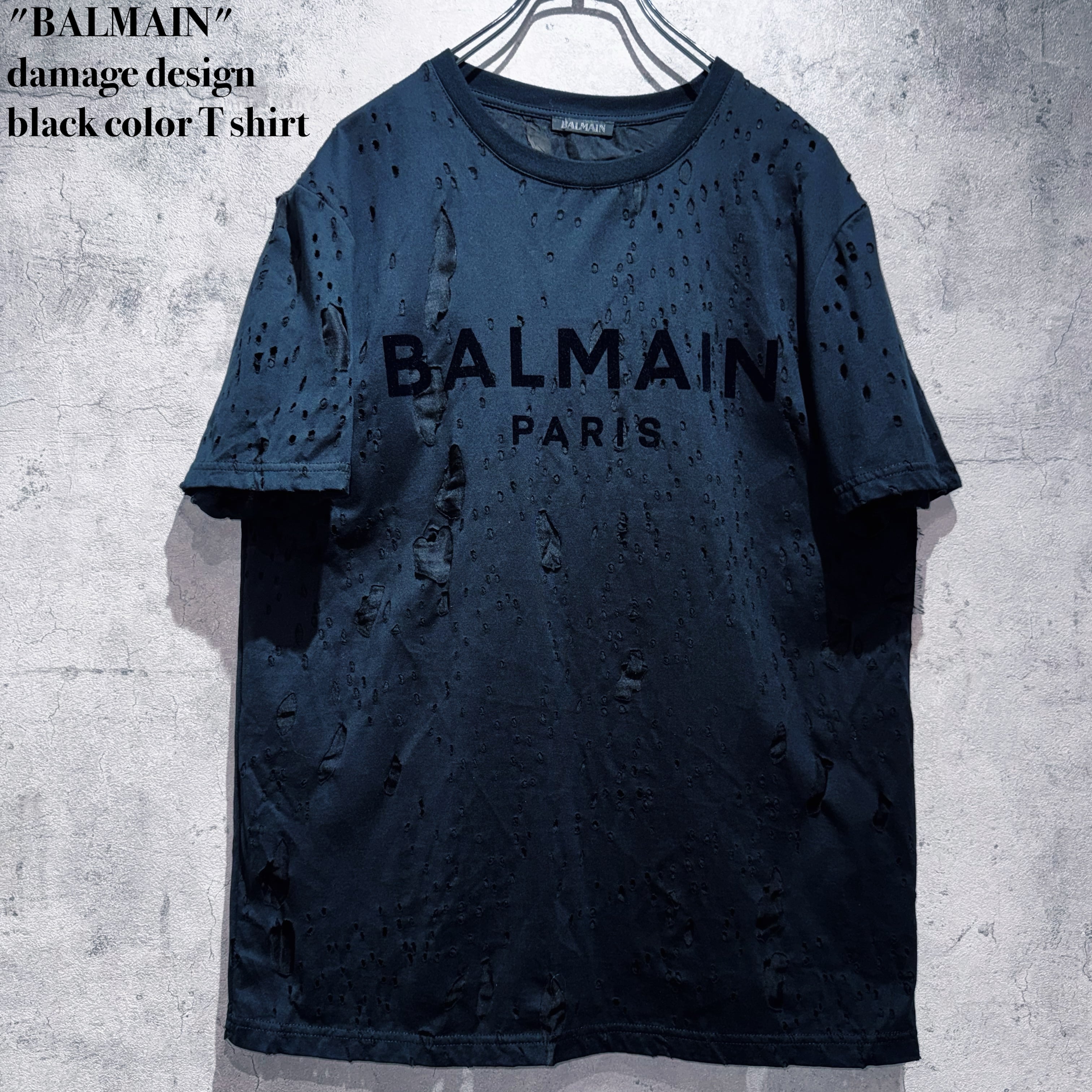 "BALMAIN"damage design black color T shirt