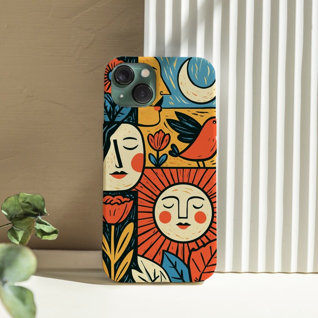 受注生産 iPhoneケース 太陽と人物顔の民芸柄｜フォークアート FMSY066A