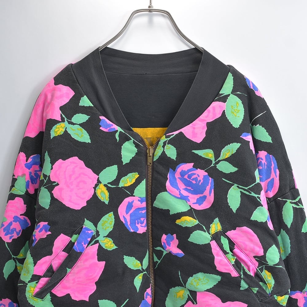 90s 00s Used リバーシブル ブルゾン 中綿 花柄 ローズ 薔薇 ワイド スーパーショート丈 RYU BALI DRAGON ドラゴン ラスタカラー USED ヴィンテージ ビンテージ 古着 レディースM〜L相当