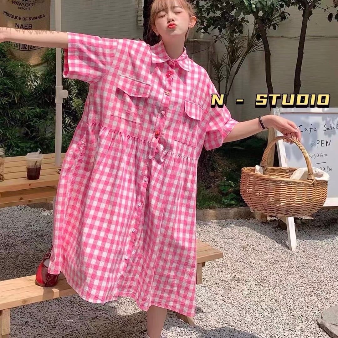 ワンピース ピンク チェック ゆったり シャツ ブラウス ギンガム