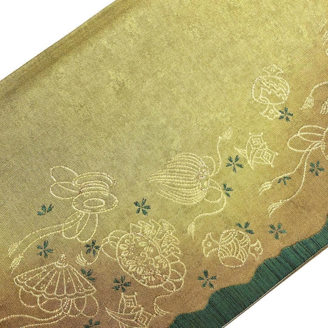 袋帯 宝尽くしに花柄 金糸 引き箔 利休茶色 O-1797 | リユース着物わびさび 