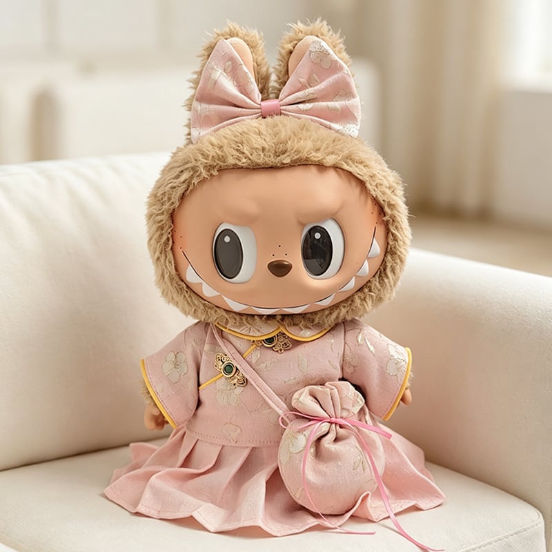 ぬいぐるみ レース付きトップス着用 38cm Labubu用 レトロ 桜刺繍トップス+スカート+ヘアアクセサリー+
