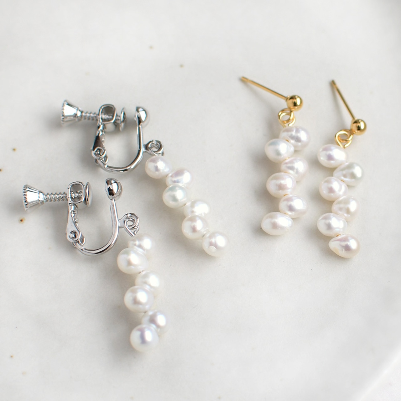 淡水パール 泡ぶくライン イヤーアクセサリー 4.0-5.0mm 6粒 オーバル ドロップ サージカルステンレス / ps-105