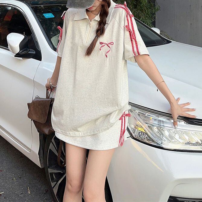 セットアップ サイドライン リボン ハーフジップ トップス ミニ