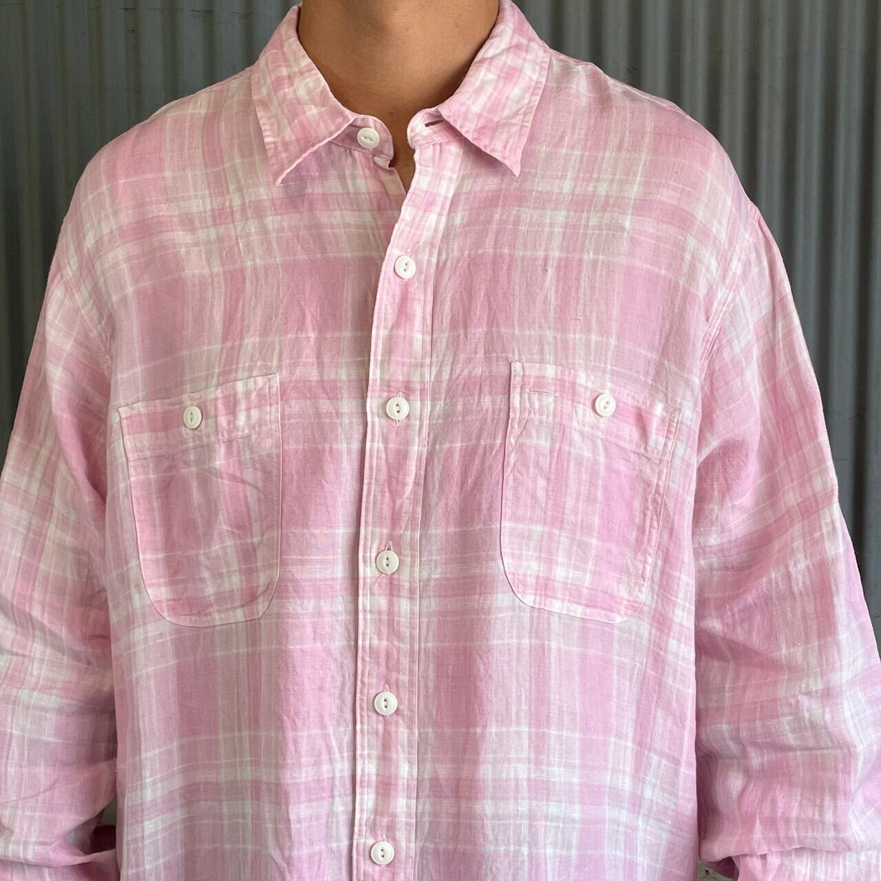 ポロラルフローレン ワンポイントロゴ刺繍リネンシャツ ピンク ビッグサイズ