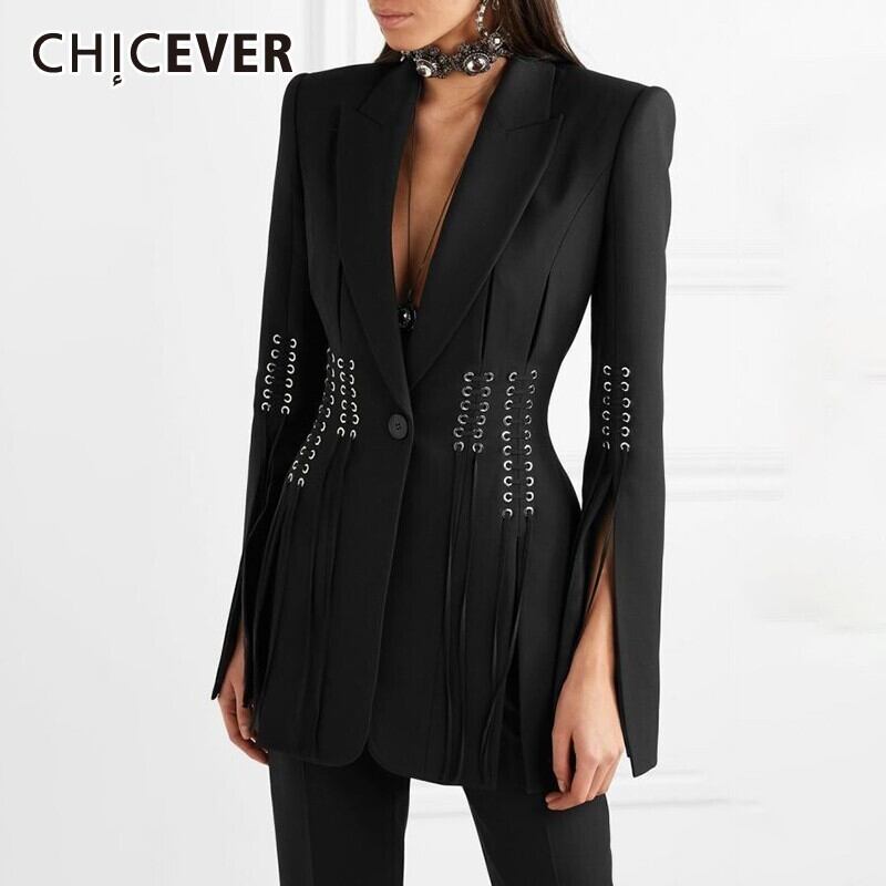 CHICEVEROLブラックブレザーレディースラペルカラー長袖包帯チュニックスプリットコート服2020夏 ロング サマー 夏物 6base537947134493