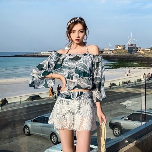 水着 3点セット ビキニ リーフ 花柄 グリーン ブルー レッド 大人可愛い レディース 女性 春 夏 海 プール 体型カバー 着痩せhin-1140
