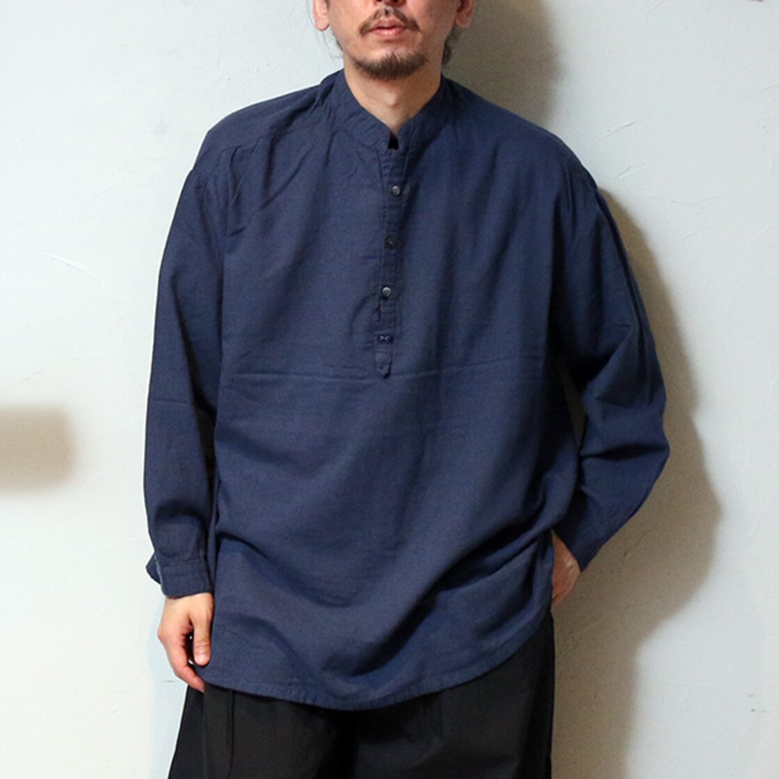 PORTER CLASSIC SUVIN GOLD GAUZE STAND COLLAR LONG SMOCK SHIRT 