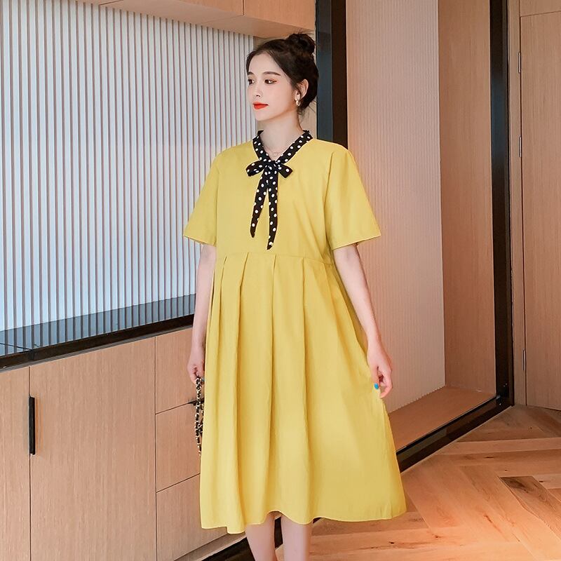 【新作】【送料無料】 マタニティウェア2020夏の新しい小さな新鮮な綿のリネンウェーブドットカラードレス、トレンディな母親のミドル丈マタニティドレス-アリババ コットン サマー 夏物 expec245433015787