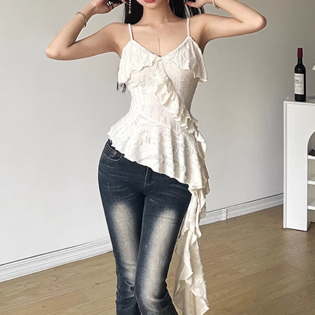 レディース トップス プルオーバー キャミソール 袖なし ノースリーブ Vネック スリム 細身 アシンメトリー スマート ダメージ フリル ハイウエスト 伸縮性 薄手 かわいい 大人可愛い きれいめ シンプル カジュアル 上品 おしゃれ かっこいい レトロ エキゾチック こなれ感 ラフ ガーリー ルーズ 個性的 クール モード系 エレガント モダン 主役級 存在感 とろみ感 抜け感 ラブリー キュート アクティブ ロマンティック 夏 デート リゾート ビーチ 休日 バカンス コーデ モテ インスタ映え
