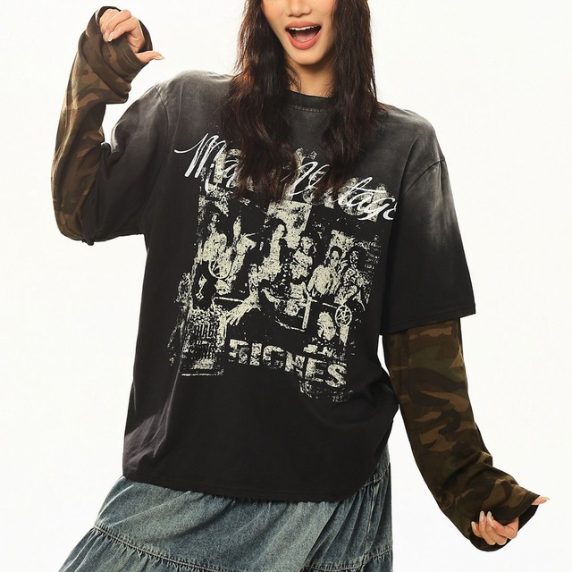 カモフラスリーブフェイクレイヤードフェードTシャツ 1col   R02509