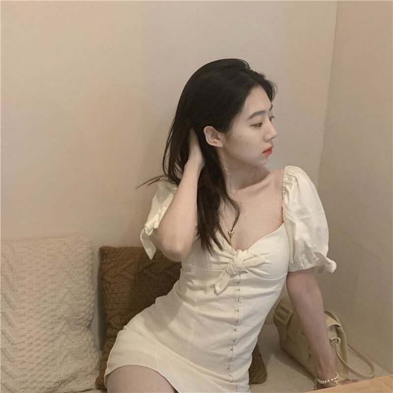 スリーブスタンダードショートスカート ウェスト薄手ドレス サマーAライン レトロ 夏物 ドラファッションホール18534959087