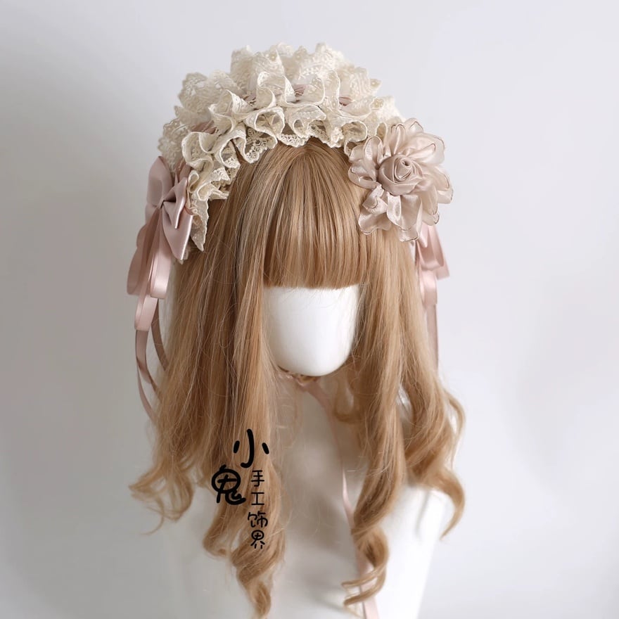 ロリータファッション 甘ロリ 生成色 レースヘッドドレス 薔薇花飾り