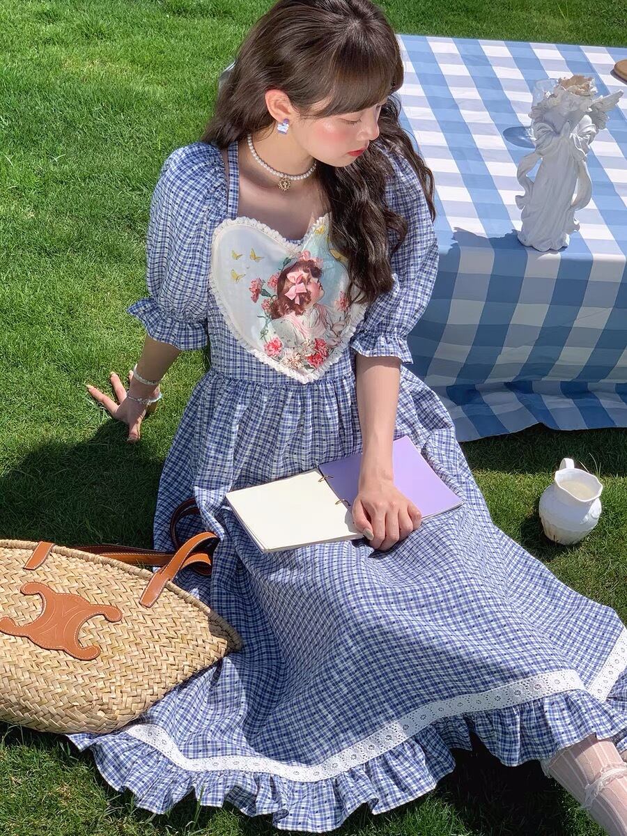 ♥️アナイ❤️9／30⭐︎１６時まで限定最終価格♥️リボン柄のワンピース♥️サイズ38 ワンピース ハート チェック 水色 青 リボン ワンピース ゆったり