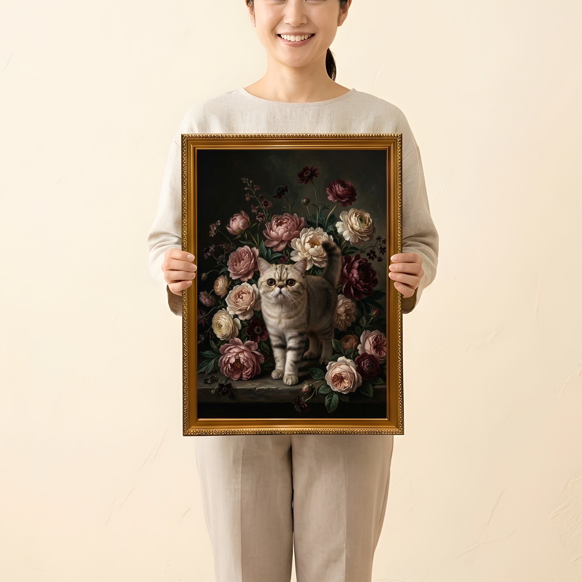 猫（エキゾチックショートヘア）の花の油絵風アート A3額装インテリア
