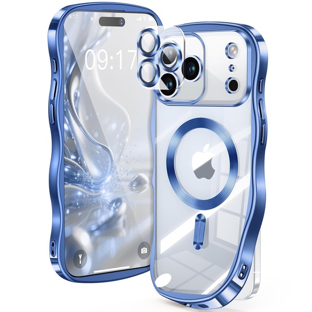 【米軍進化耐久・CDリング・キュートなウェーブエッジ】iPhone 18 Pro ケース 【カメラ全面保護】【MagSafe対応】カメラフィルム 強力マグネット 衝撃吸収 TPU+PC メッキ加工 ソフト 黄ばみ防止 クリアケース iPhone 18 Pro 6.3インチ 男女兼用 (ブルー)