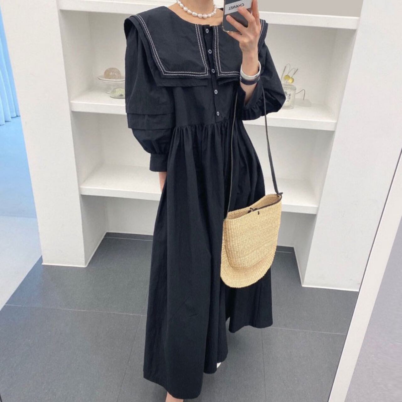 ビック カラー スティッチ ワンピース-ブラック