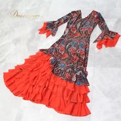 フラメンコ 衣装 ワンピース ドレス トップス 赤 黒 ペイズリー レース ダンス 柄 模様 伸縮 パーティ 発表会 舞台 ブラック系 レッド系 ボリュームアップ 華やか デザイン イベント 舞台衣装 コスチュームレディース 服装