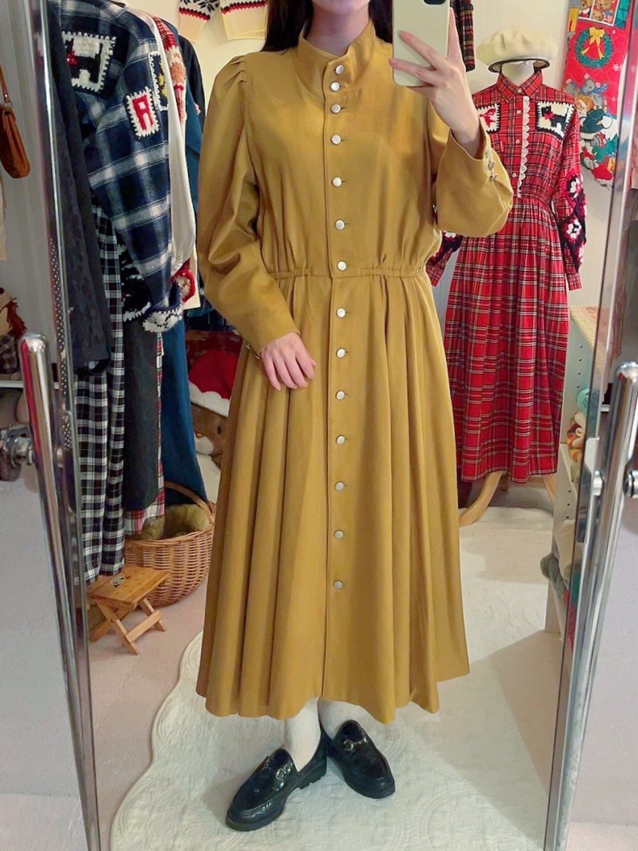 mustard front metal button one-piece