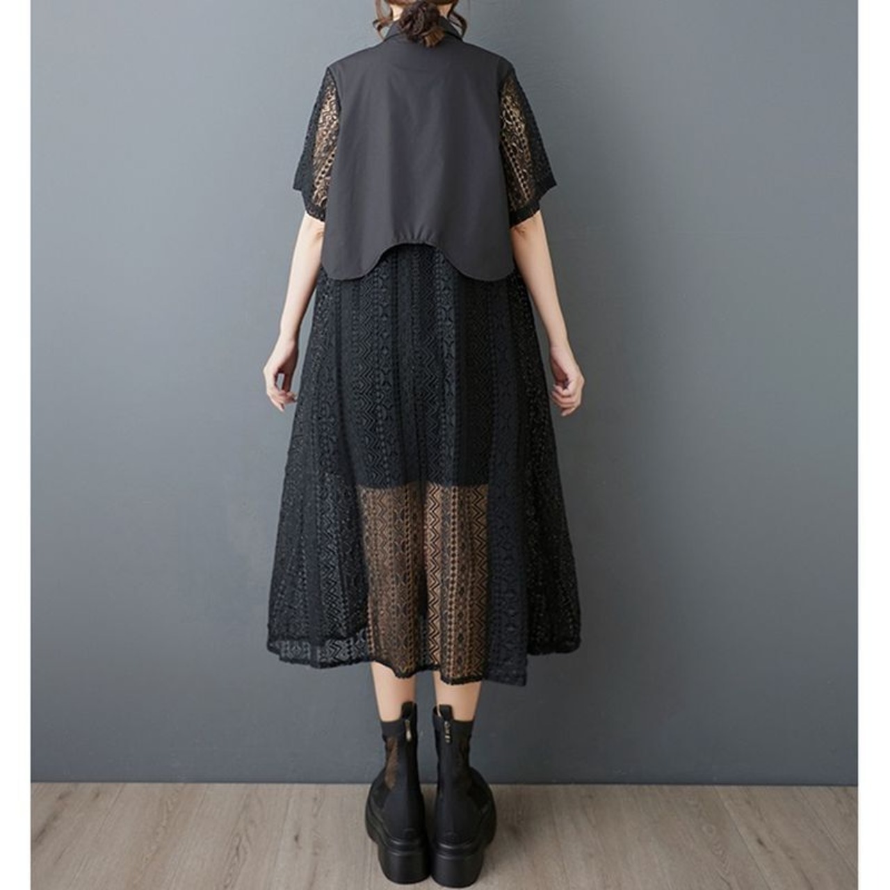 レイヤード風 シースルー シャツワンピース 30159